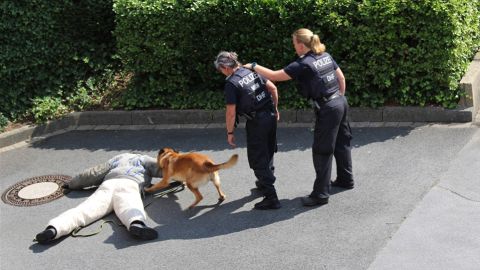 eine Personen liegt am Boden, Diensthund am Arm, zwei Diensthundführerinnen